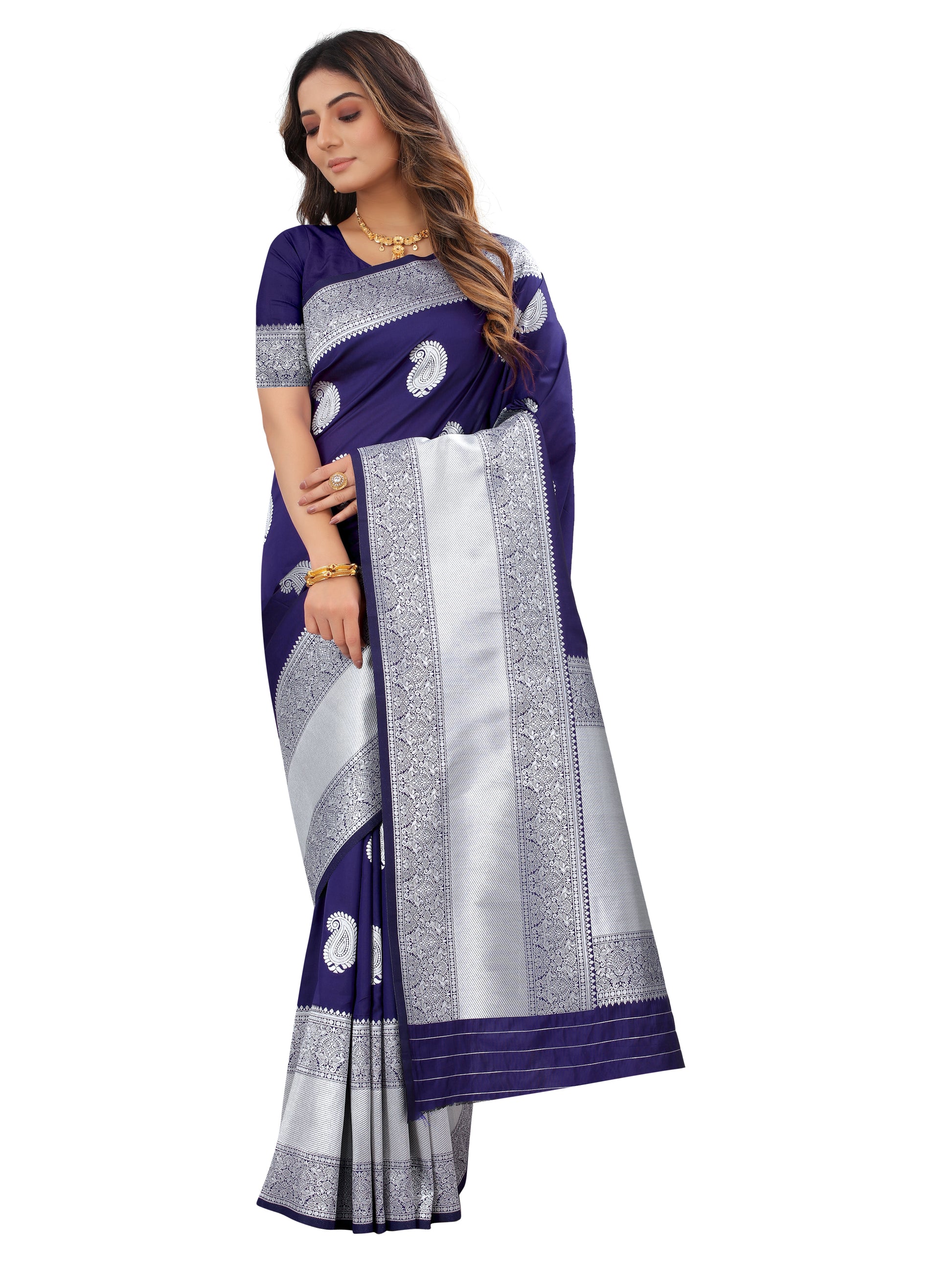 Dark Blue color banarasi silk saree - Joshindia