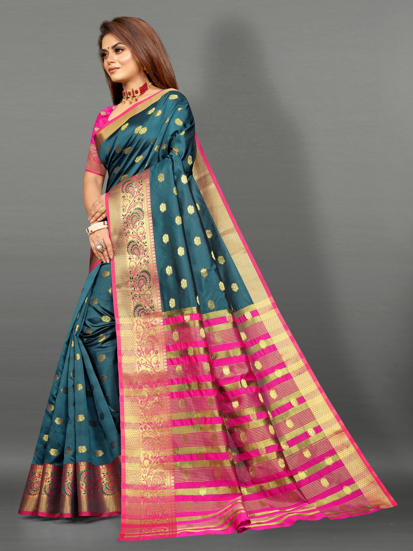 Pink and Grey color banarasi silk saree - Joshindia