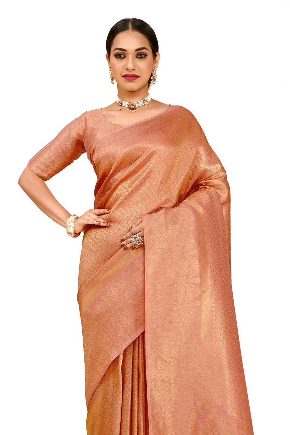 Peach Organza Saree with Pearl Blouse Piece – kreationbykj