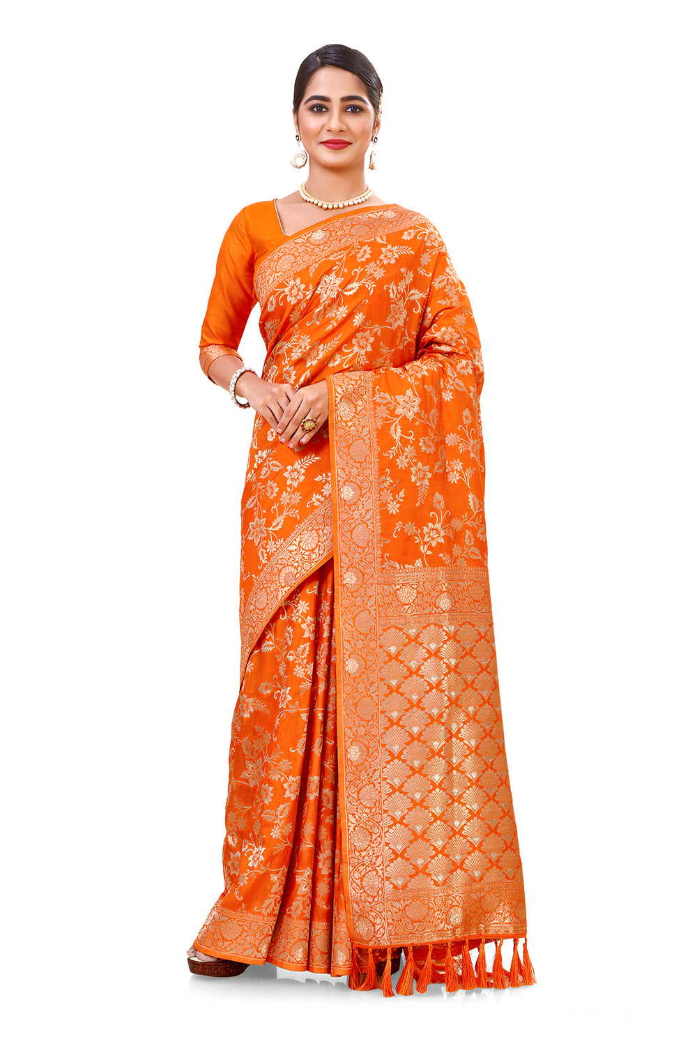 Orange color pure silk banarasi saree - Joshindia