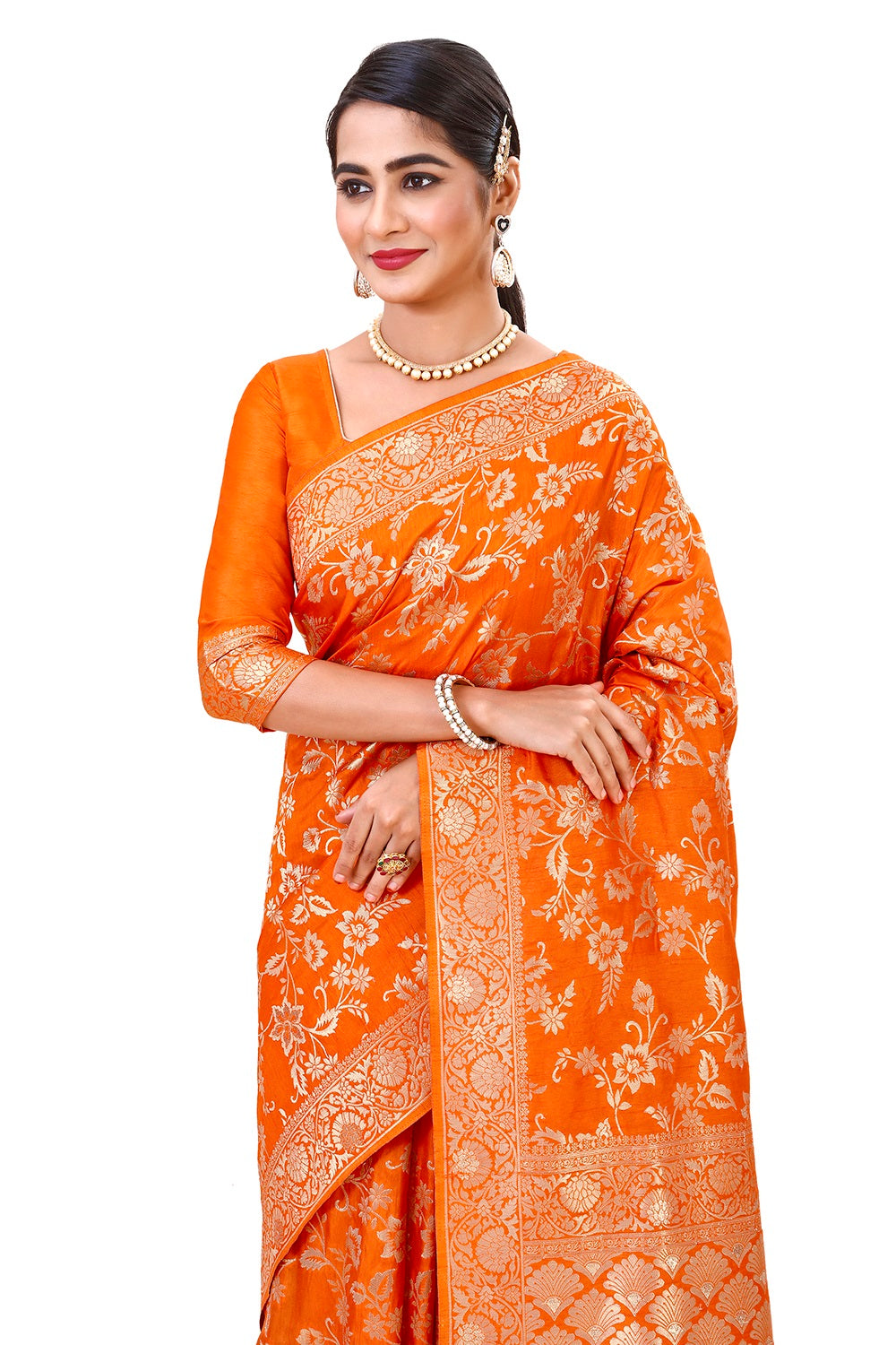 Orange color pure silk banarasi saree - Joshindia