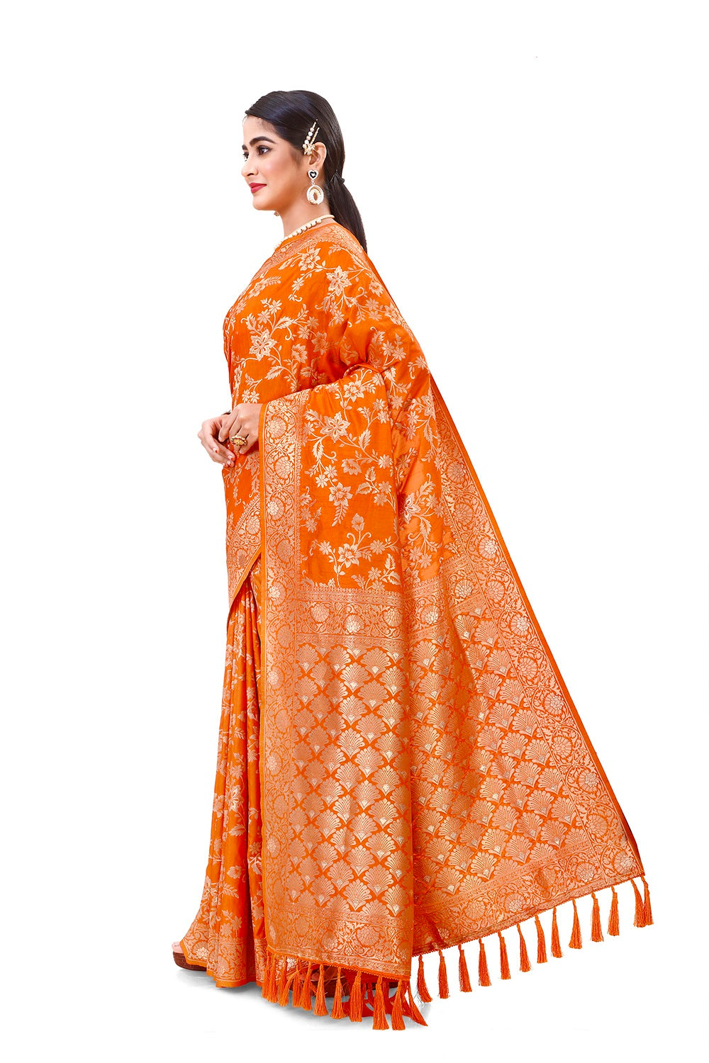 Orange color pure silk banarasi saree - Joshindia