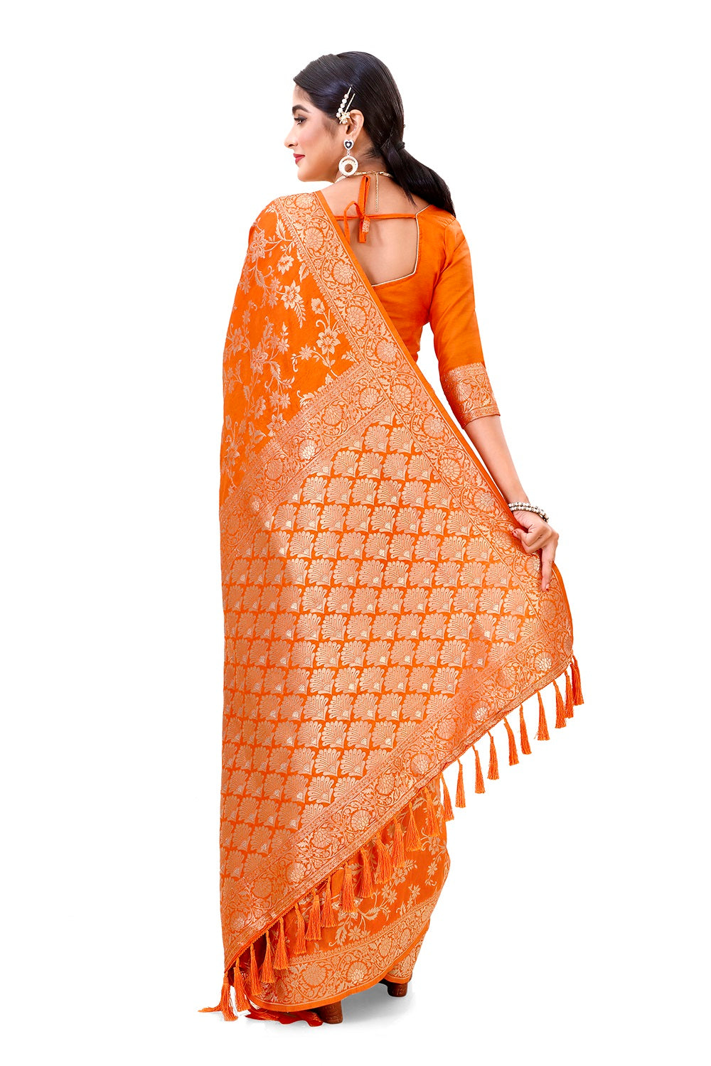 Orange color pure silk banarasi saree - Joshindia