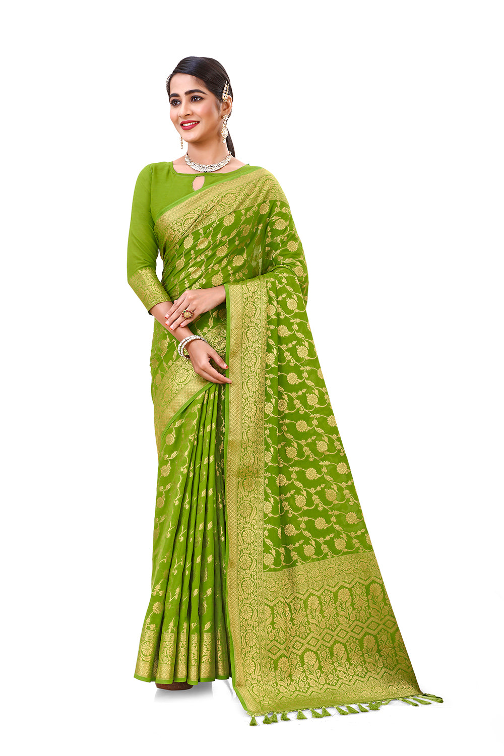 Parrot Green Khatli Work Patola Silk Saree