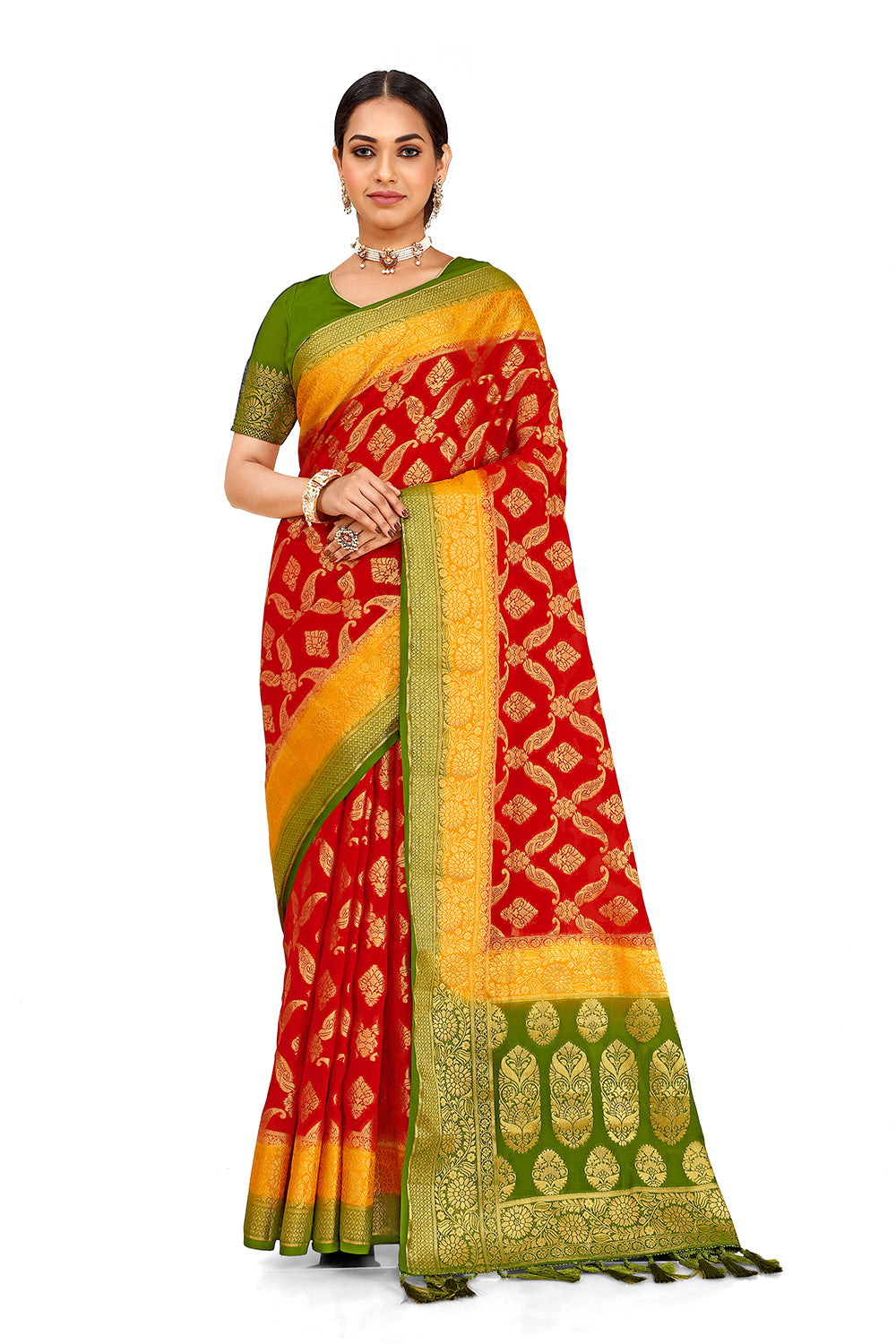 Red Silk designer saree for royal look buy now - Joshindia