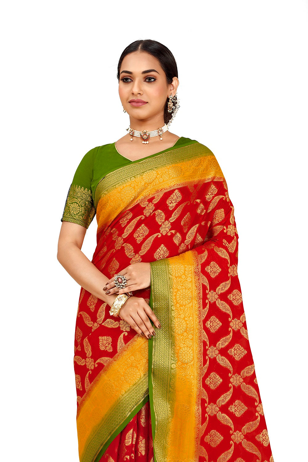 Red Silk designer saree for royal look buy now - Joshindia