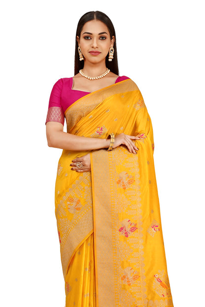 Yellow color kanjiveram silk saree Buy Now - Joshindia