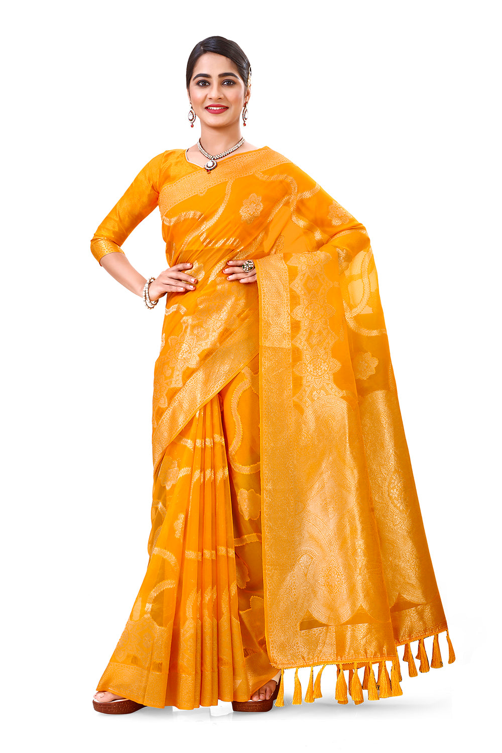 Mustard Yellow Golden Zari Shine Soft Kanjivaram Silk Wedding Saree – ELEZIO