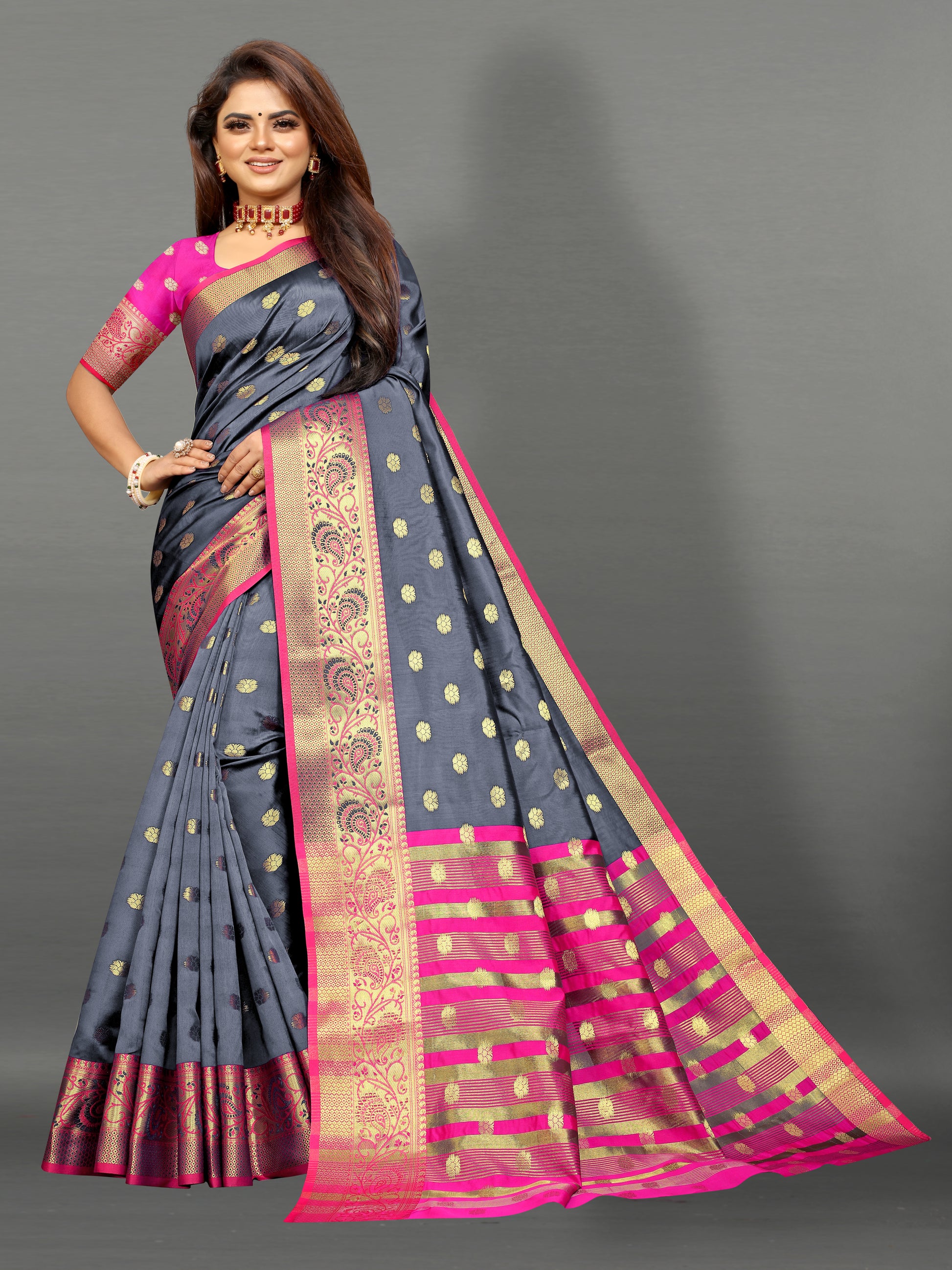 Pink and Light Greay color banarasi silk saree - Joshindia