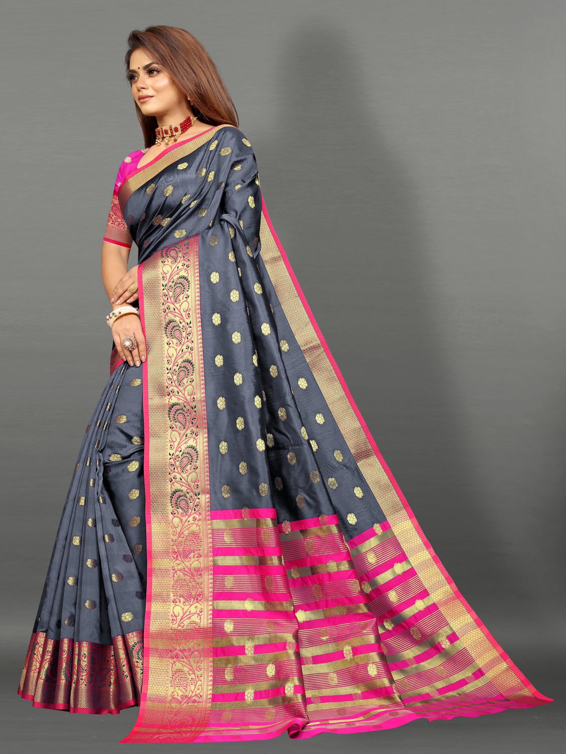 Pink and Light Greay color banarasi silk saree - Joshindia