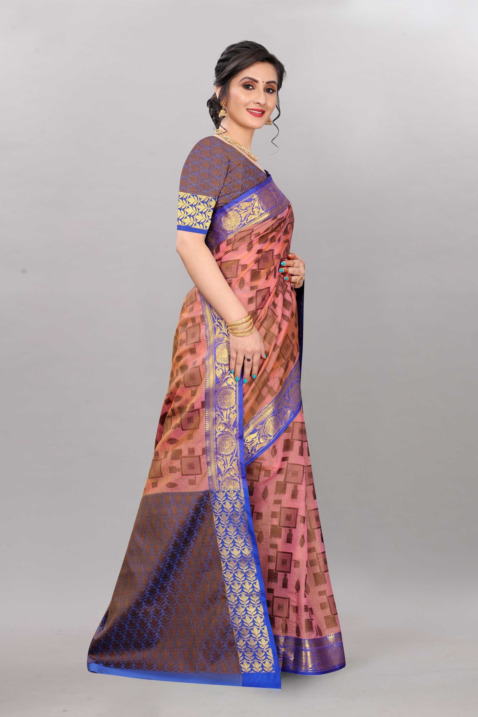 Blue and Light Pink color banarasi silk saree - Joshindia