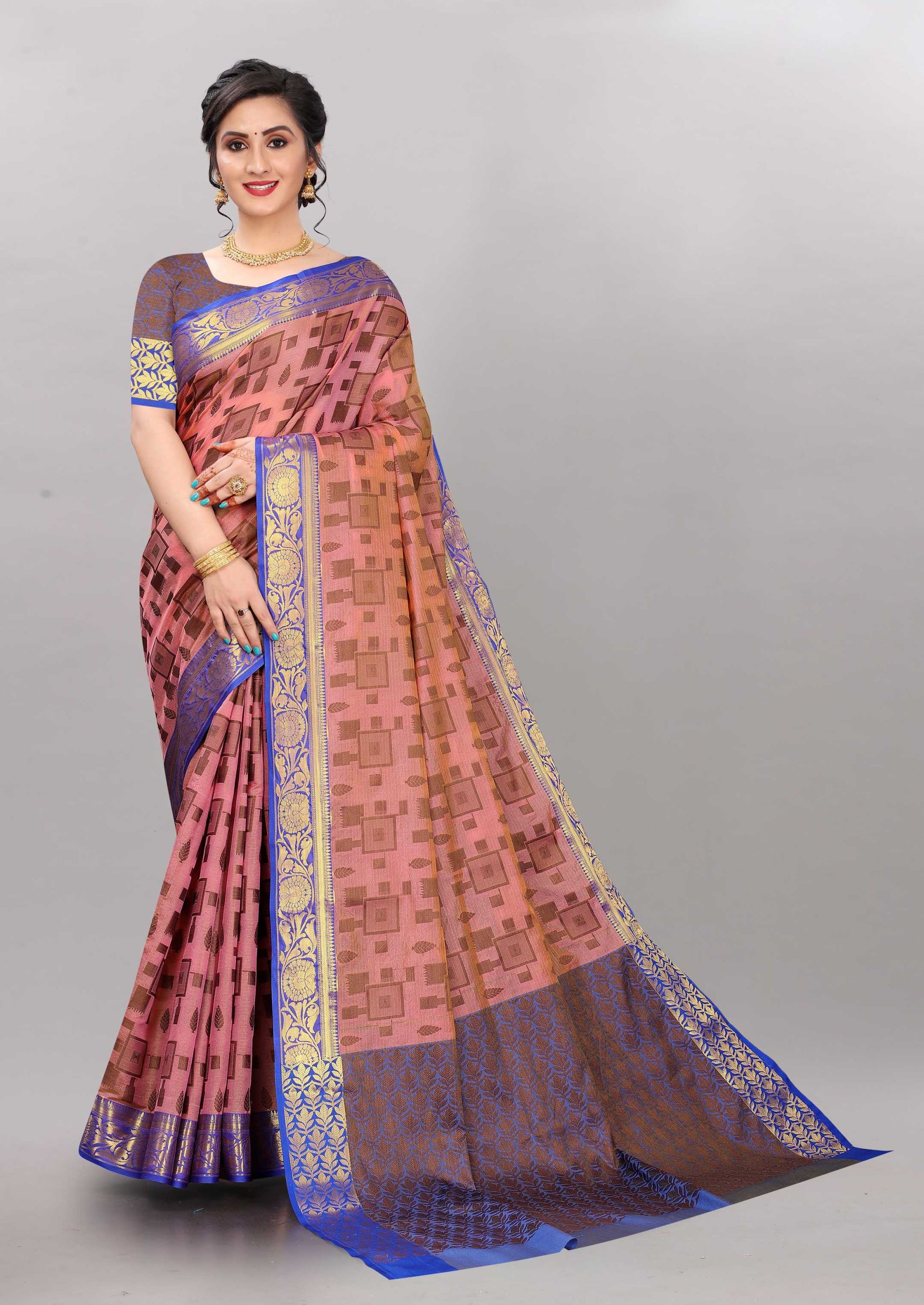 Blue and Light Pink color banarasi silk saree - Joshindia