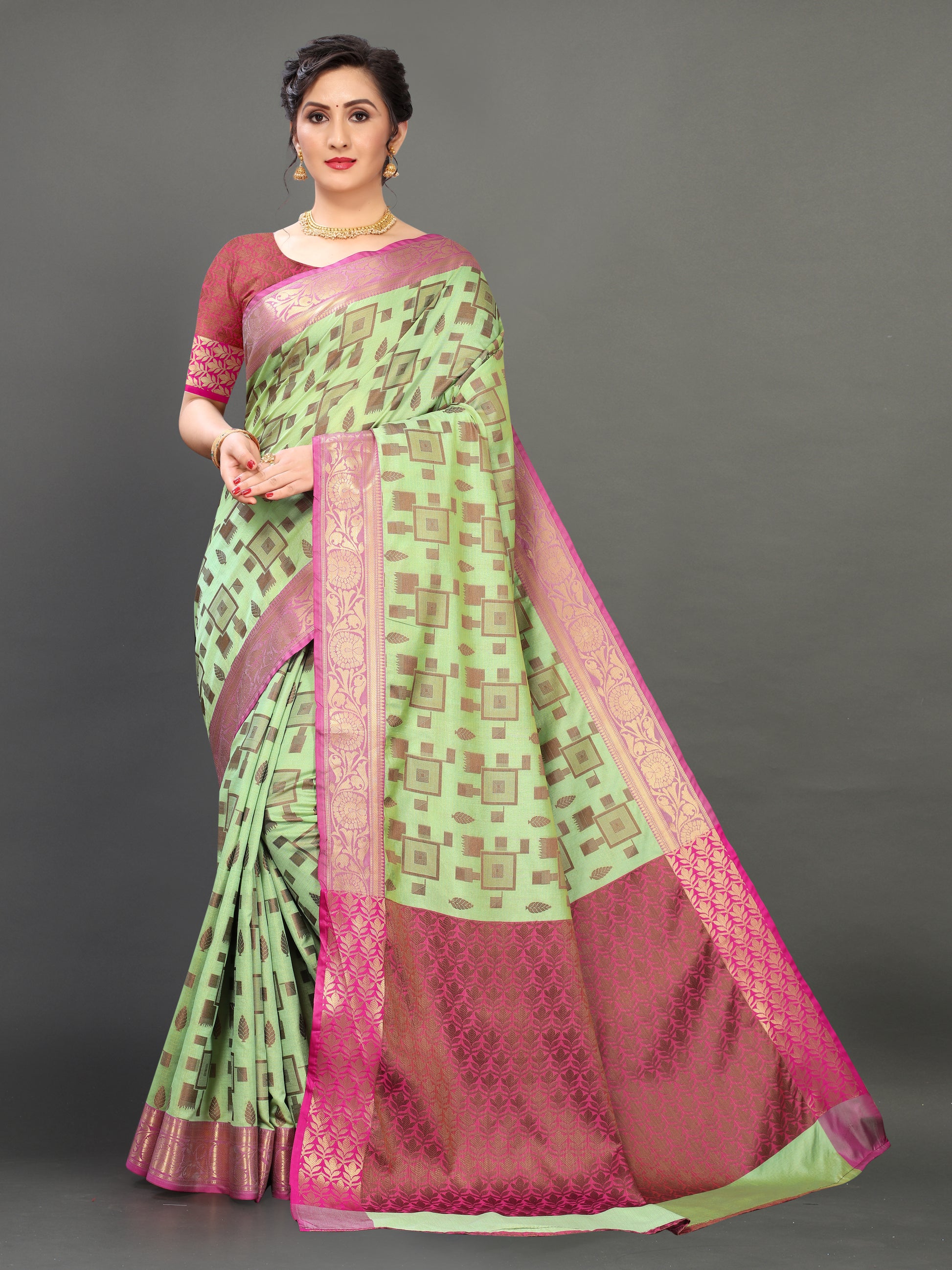 Pink and Pista Green color banarasi silk saree - Joshindia