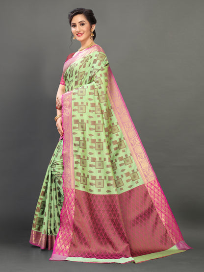 Pink and Pista Green color banarasi silk saree - Joshindia