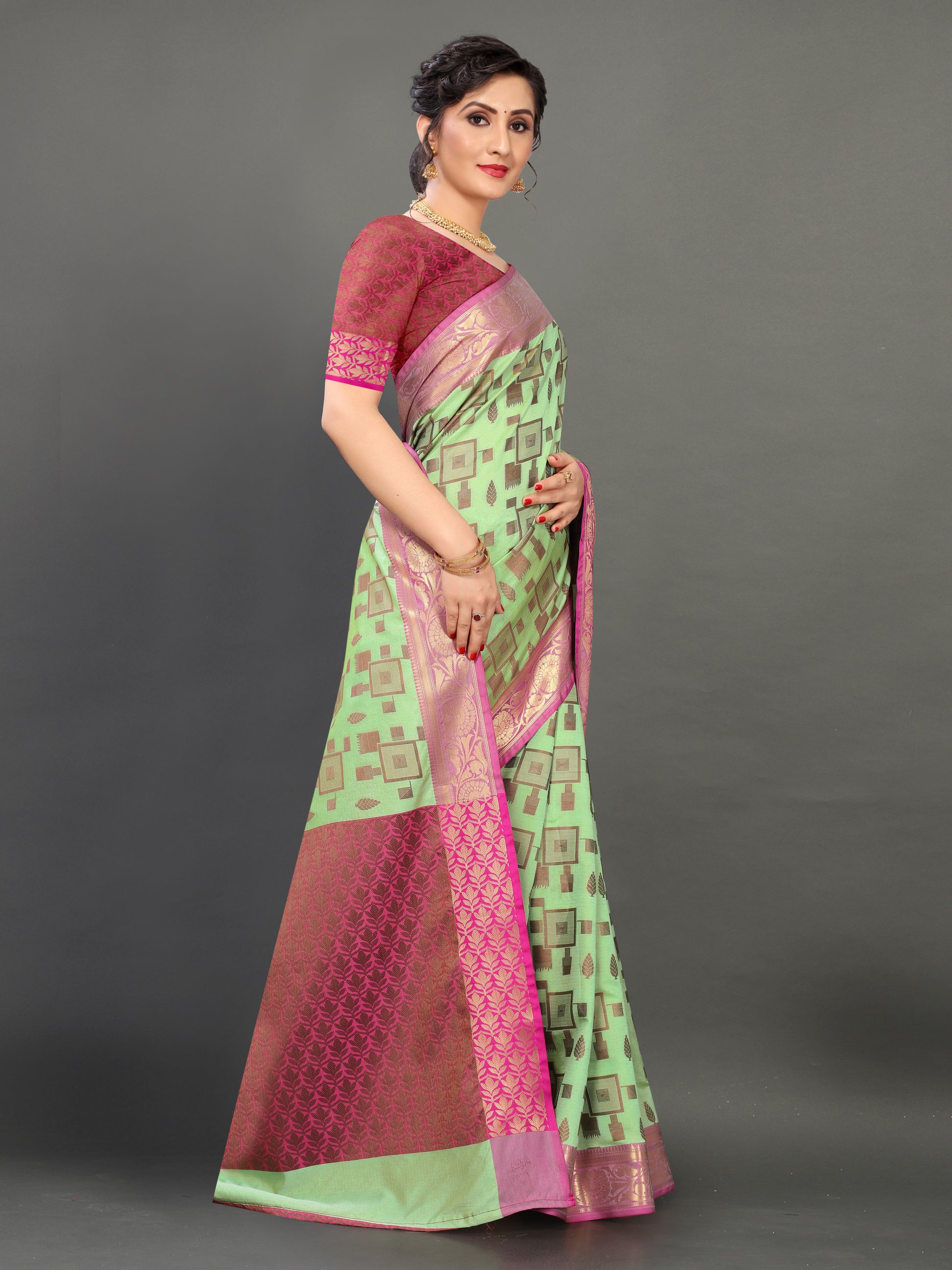 Pink and Pista Green color banarasi silk saree - Joshindia