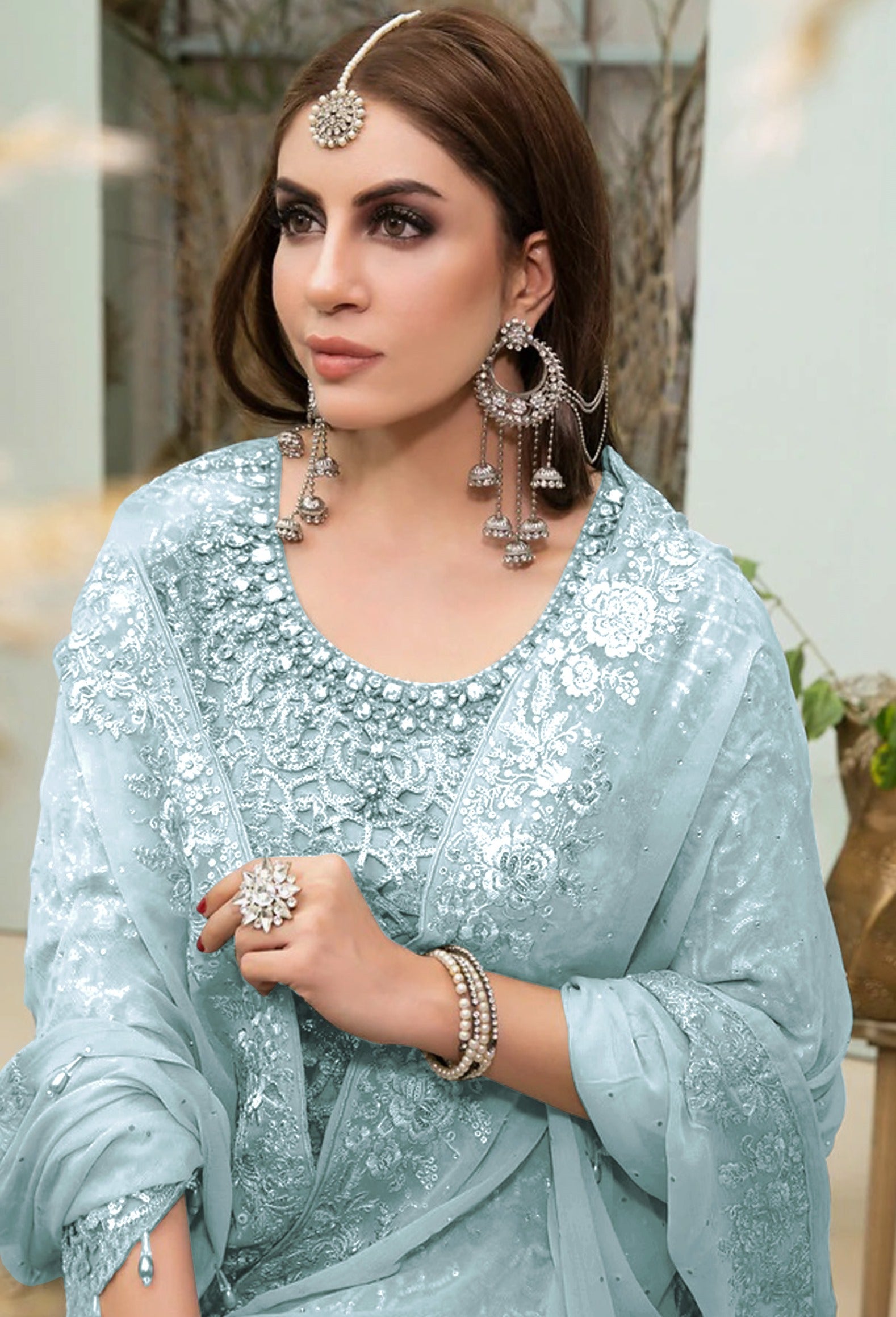 Sky Blue Heavy Fox Georgette With Hevey Embroidery Work Pakistani style Salwar Suit - Joshindia