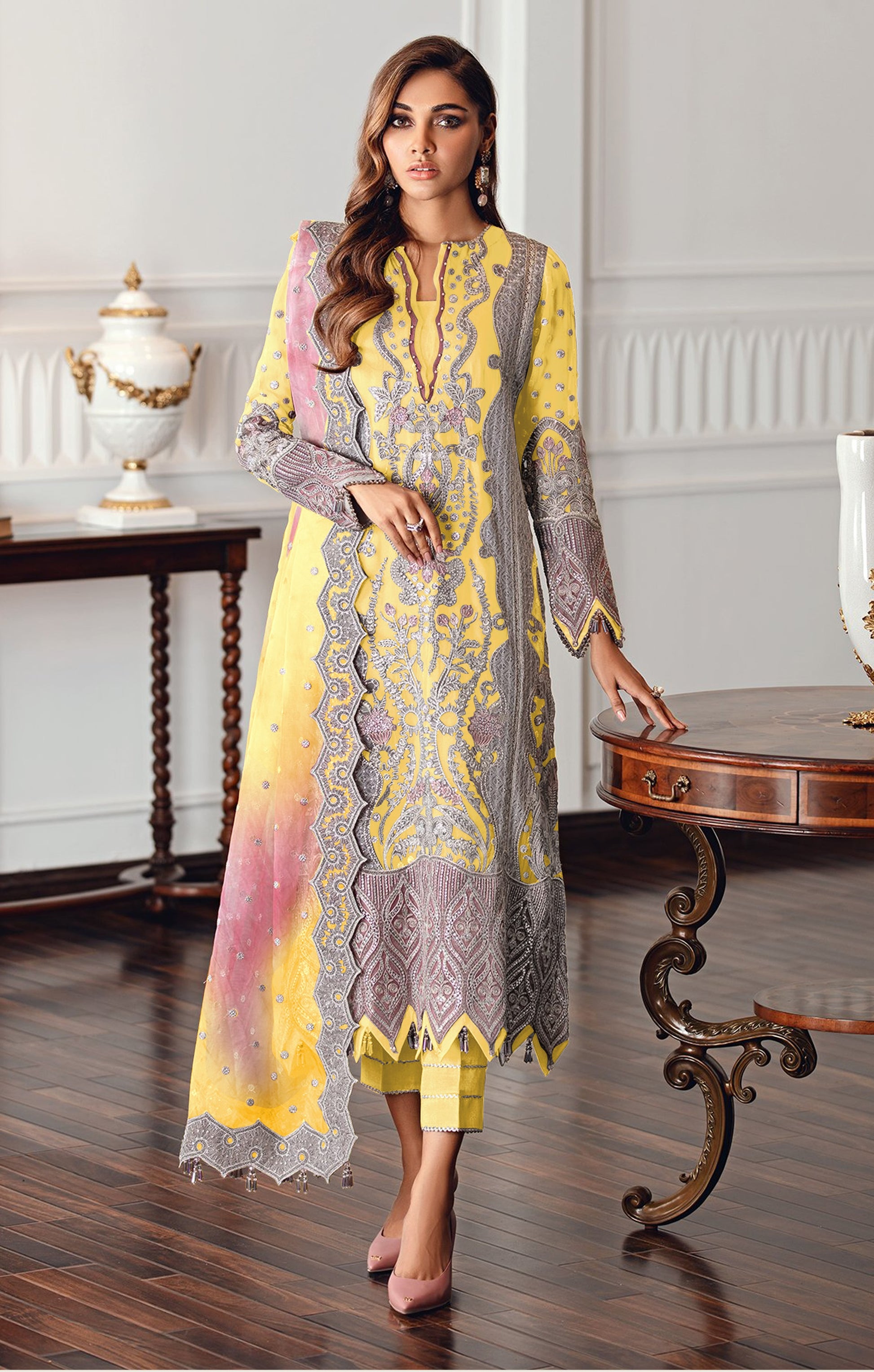 Yellow Color Georgette Embroidery suit for woman - Joshindia