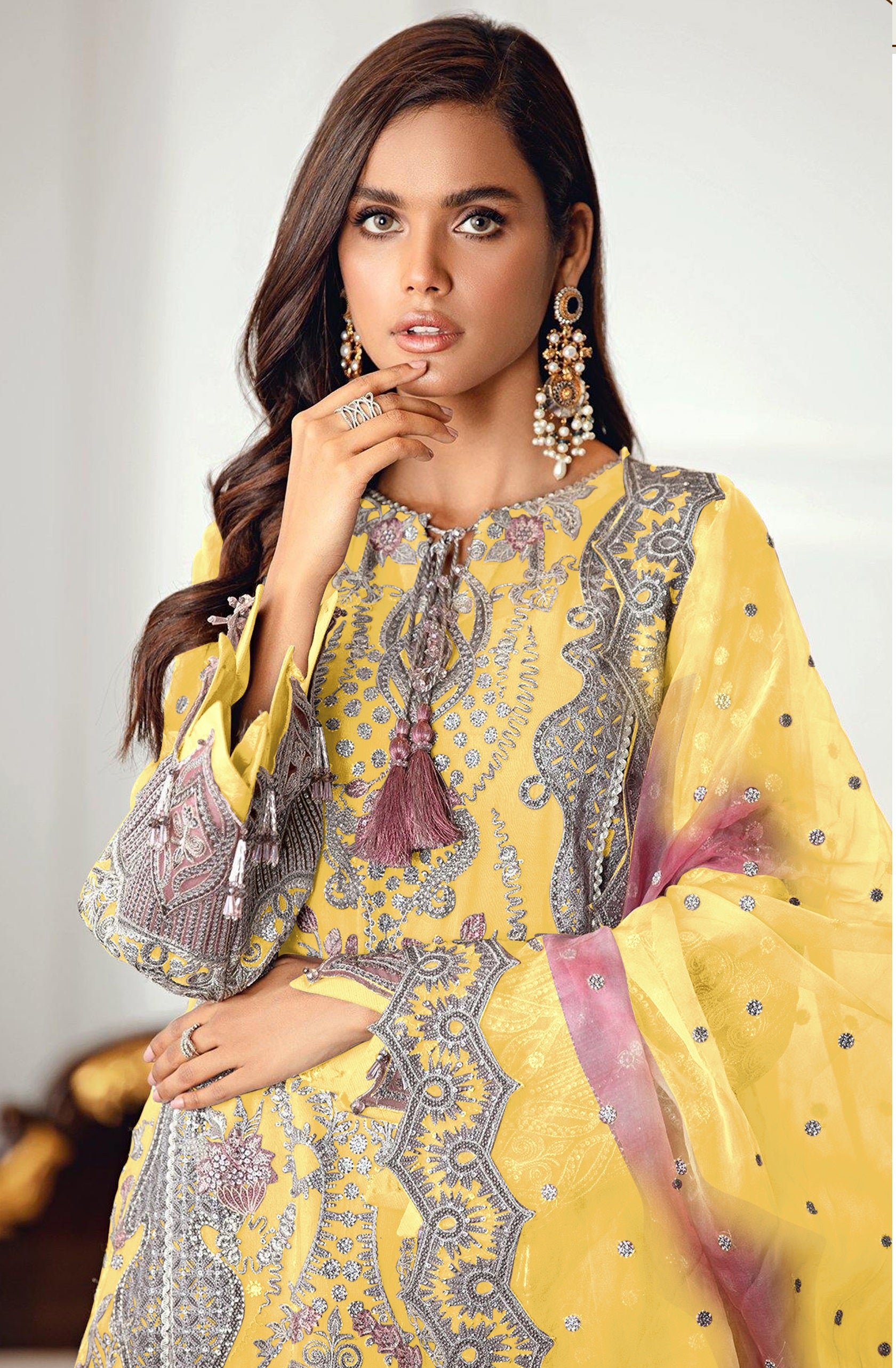 Yellow Color Georgette Embroidery suit for woman - Joshindia