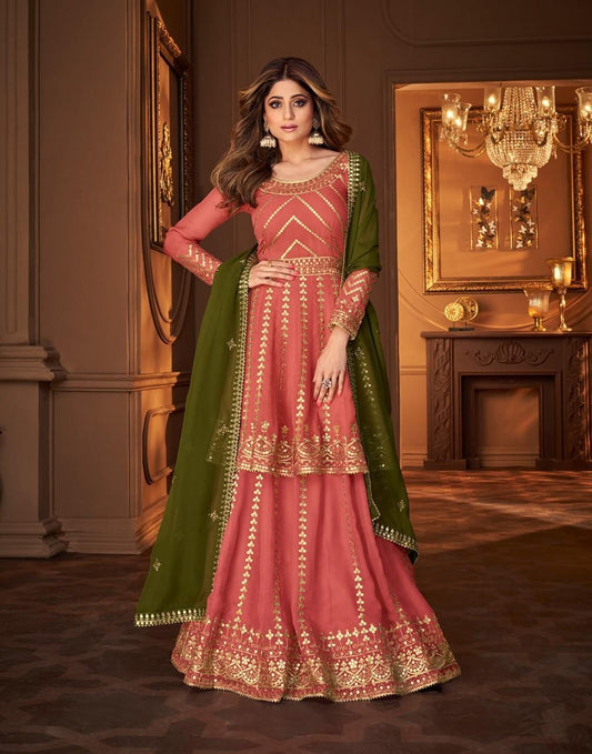 Orange Color Georgette Embroided Semi Stitched Ghaghra Suit - Joshindia