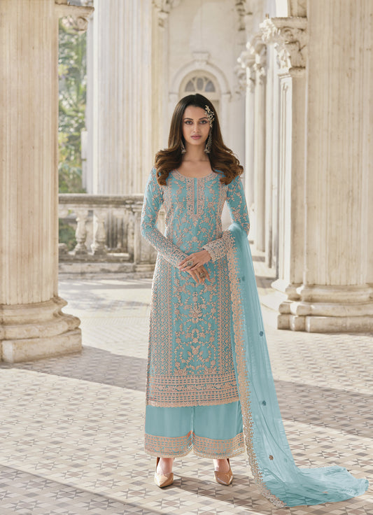 Sky Blue Color Heavy Butterfly Net With Embroided & Cording Work Palazzo Suit - Joshindia