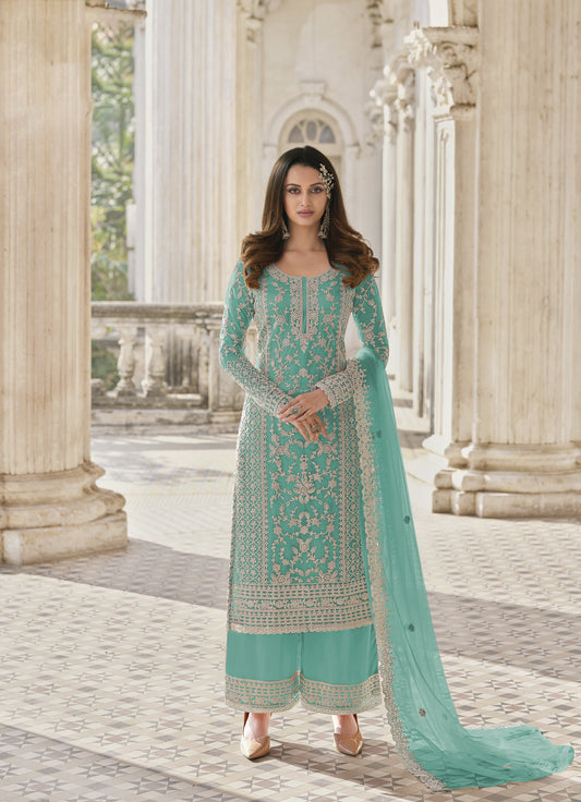 Sea Green Color Heavy Butterfly Net With Embroided & Cording Work Palazzo Suit - Joshindia