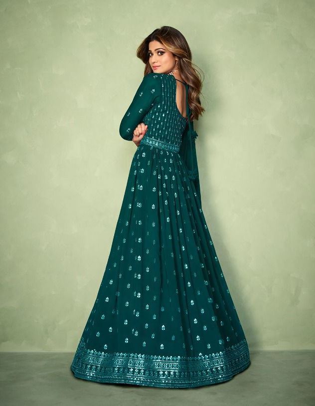 Women's Sky Blue Georgette Stitched Embroidered & Real Mirror Work Gown Salwar  Suit (Free Size)