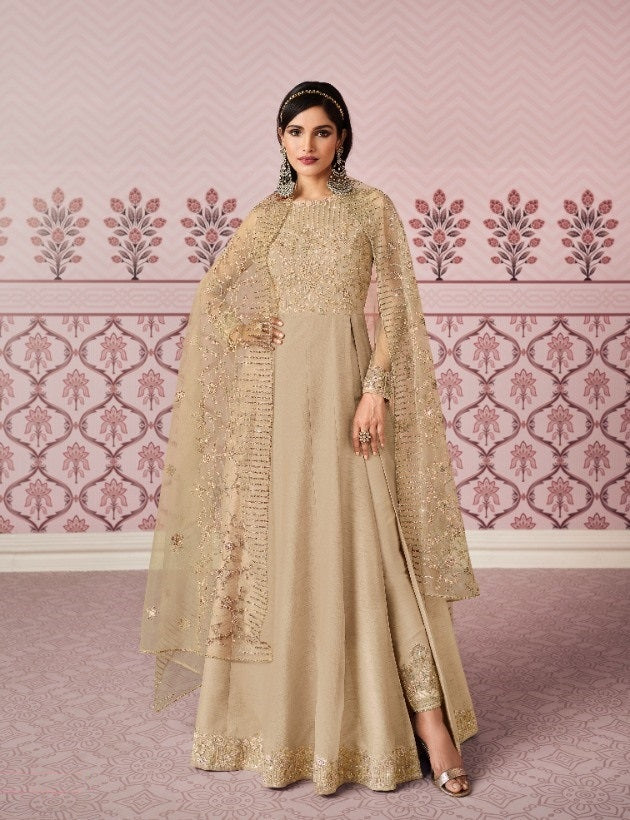 Beige Color Russian Silk Embroided Gowen for Woman - Joshindia