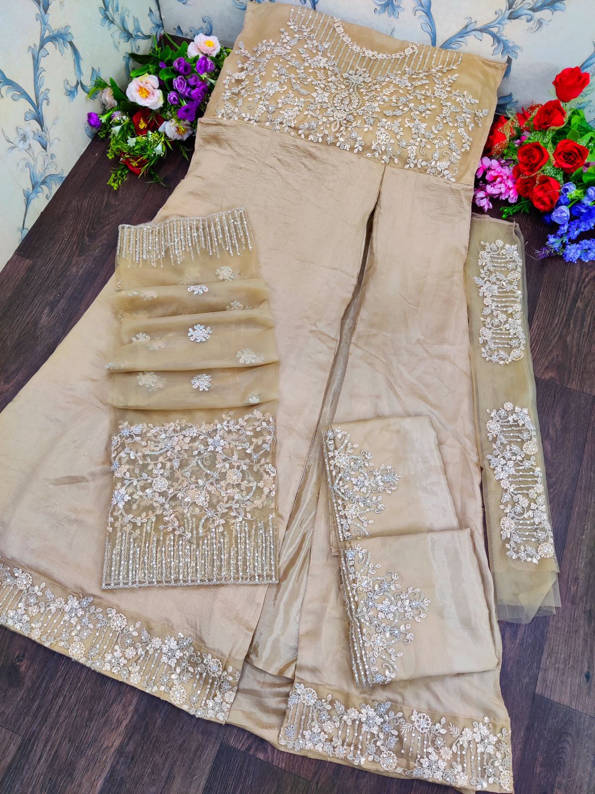 Beige Color Russian Silk Embroided Gowen for Woman - Joshindia