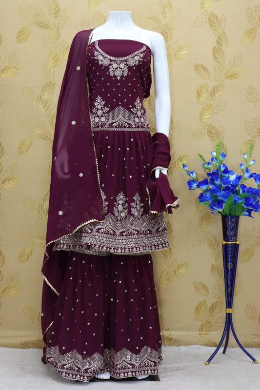 Purple Color Faux Georgette Embroided Sharara Suit - Joshindia