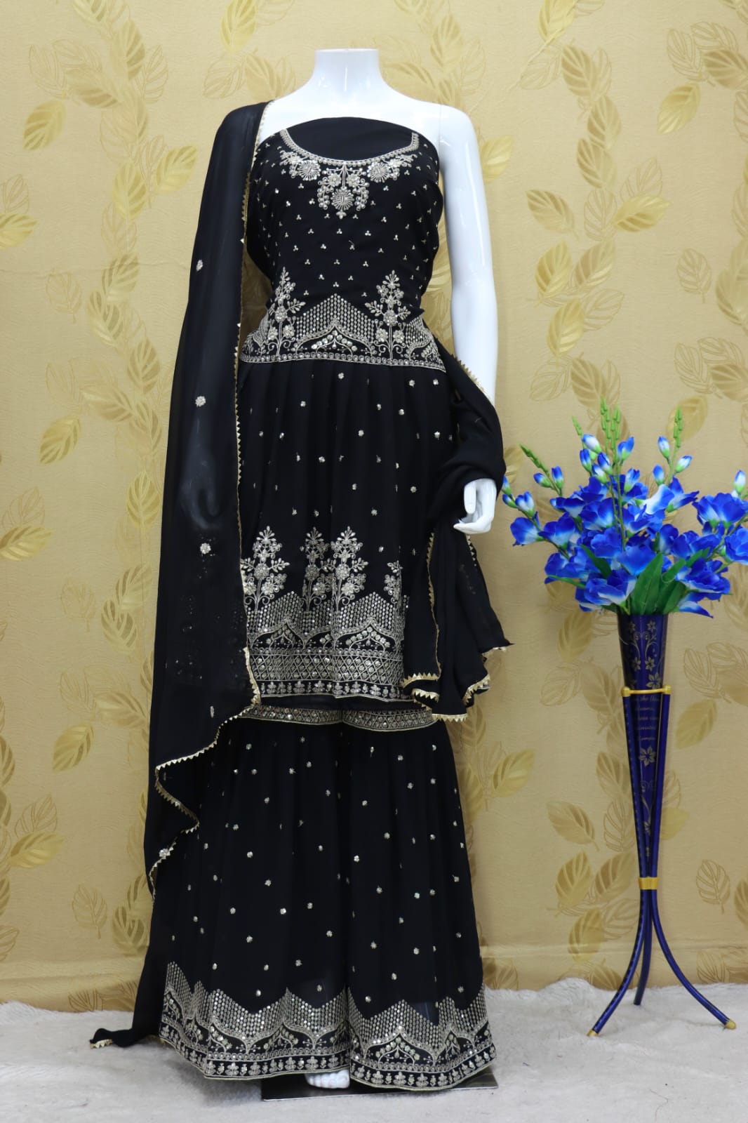 Black Color Faux Georgette Embroided Sharara Suit - Joshindia