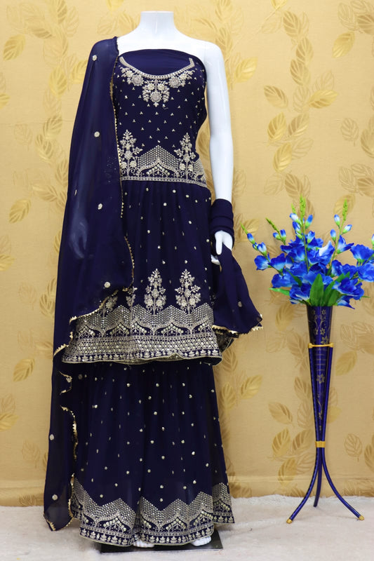 Neavy Blue Color Faux Georgette Embroided Sharara Suit - Joshindia