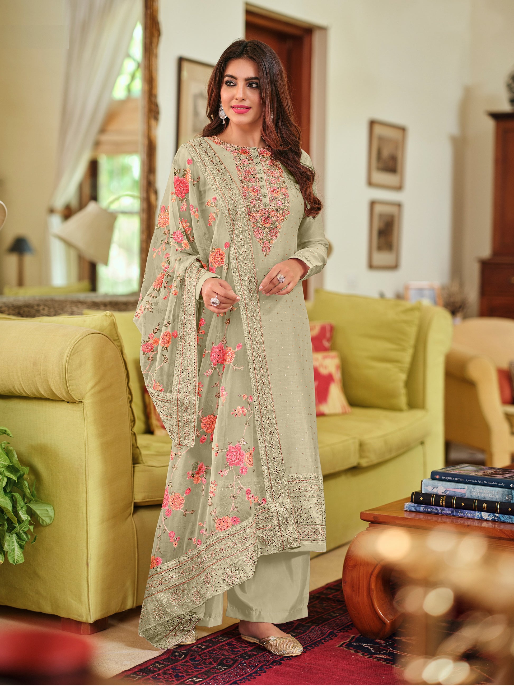 Pistachio Viscose Silk Embroided Palazzo Style Suit - Joshindia