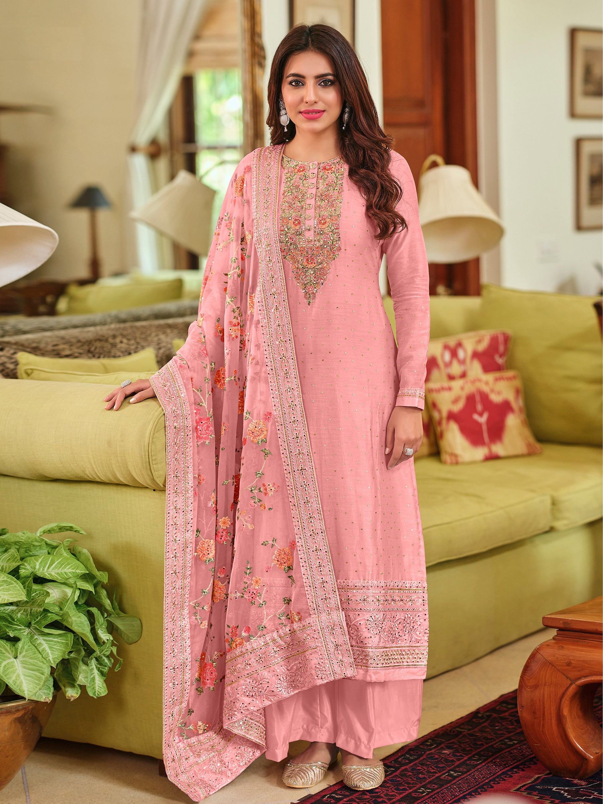 Pink Viscose Silk Embroided Palazzo Style Suit - Joshindia