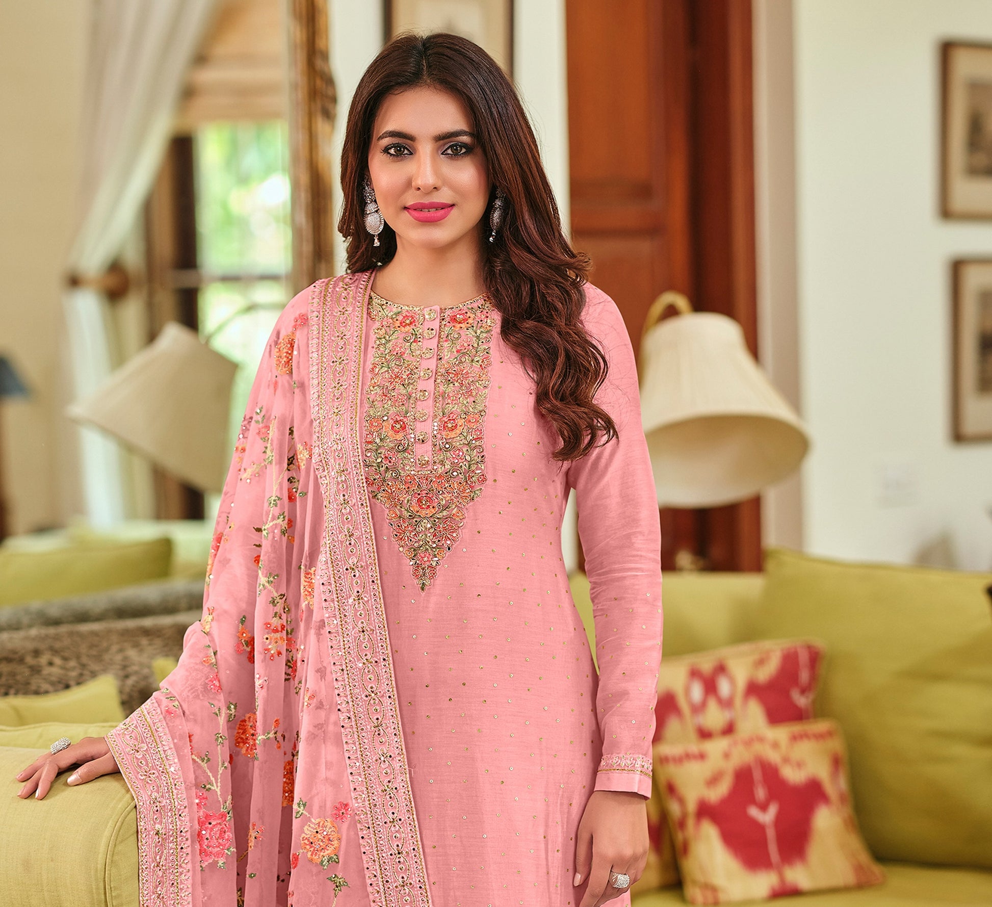 Pink Viscose Silk Embroided Palazzo Style Suit - Joshindia