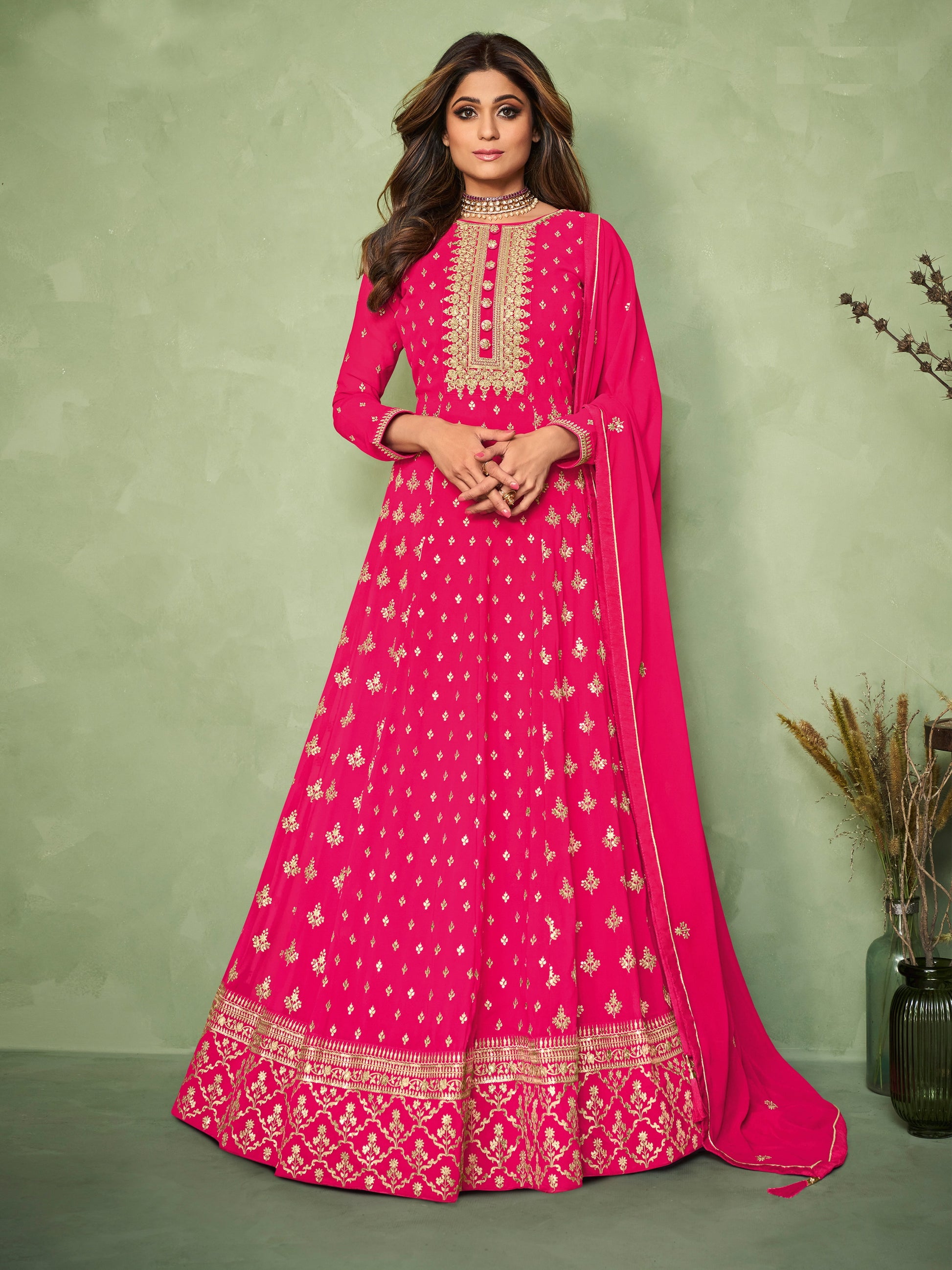 Pink Georgette Embroided Anarkali Salwar Suit - Joshindia