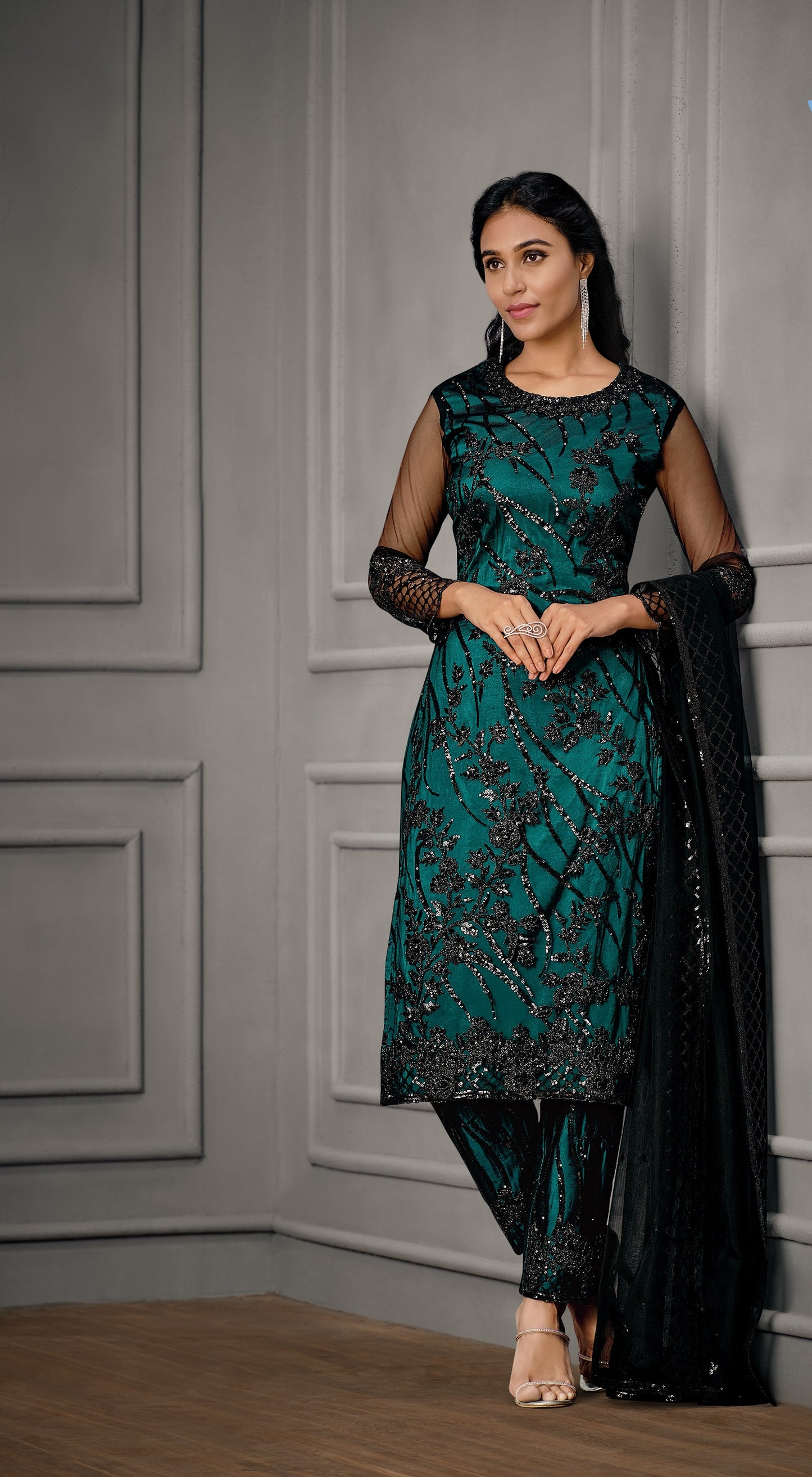 Sea Green Color Women Soft Net Embroidery Work Straight Salwar Suit - Joshindia