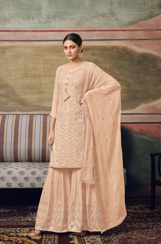 Peach Georgette Semi-Stitched Sharara Salwar Suit - Joshindia