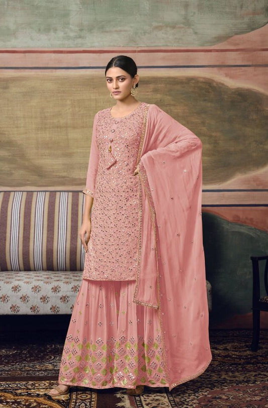 Pink Georgette Semi-Stitched Sharara Salwar Suit - Joshindia