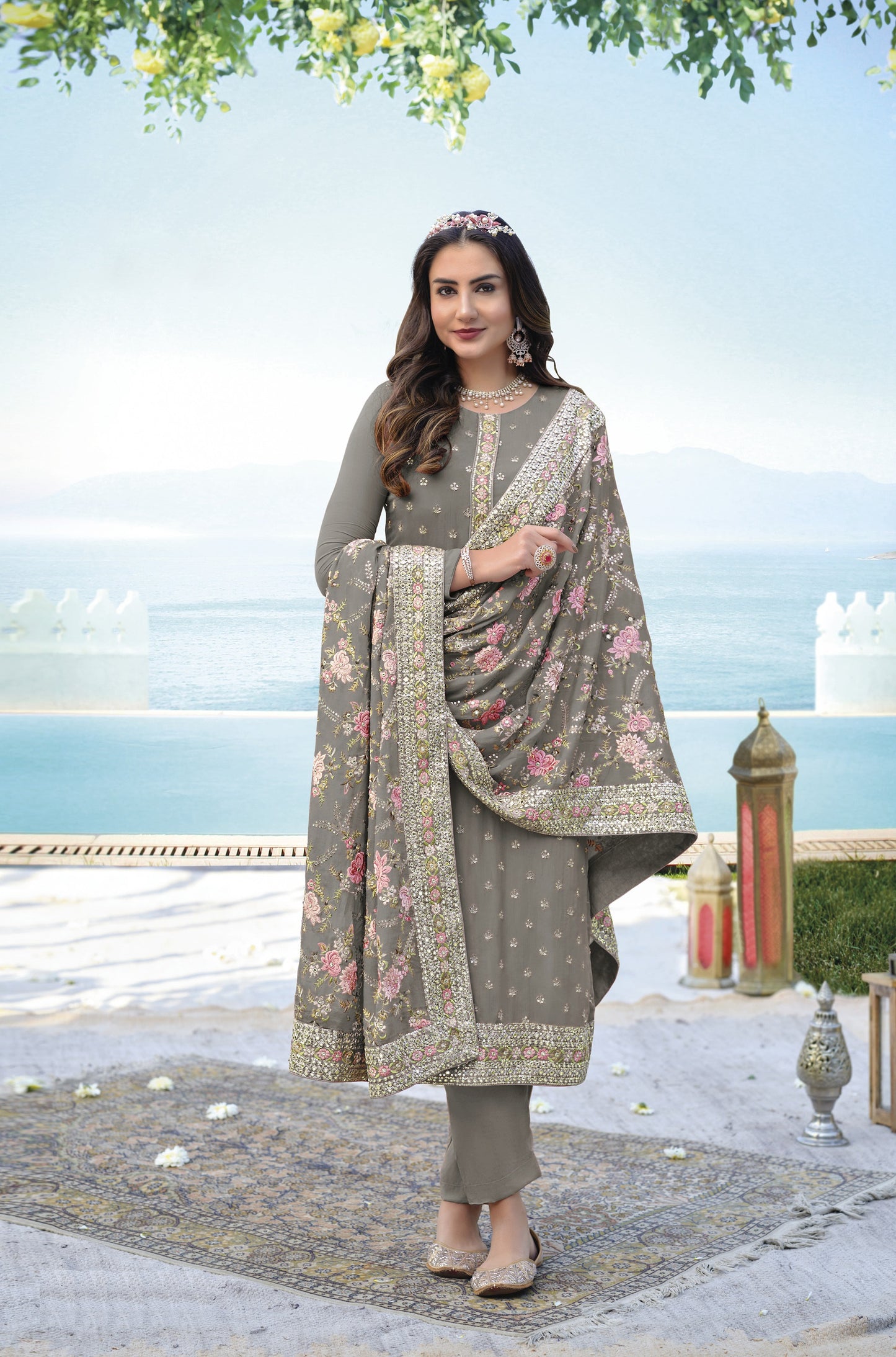 Grey Color Georgette Straight Salwar Suit - Joshindia