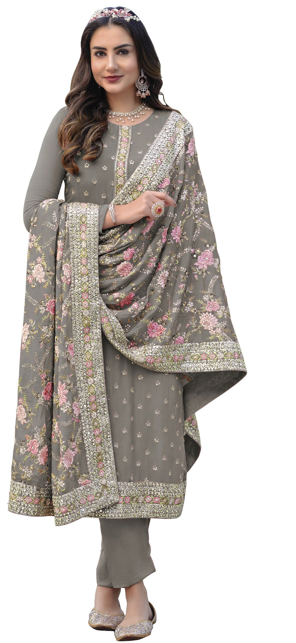 Grey Color Georgette Straight Salwar Suit - Joshindia