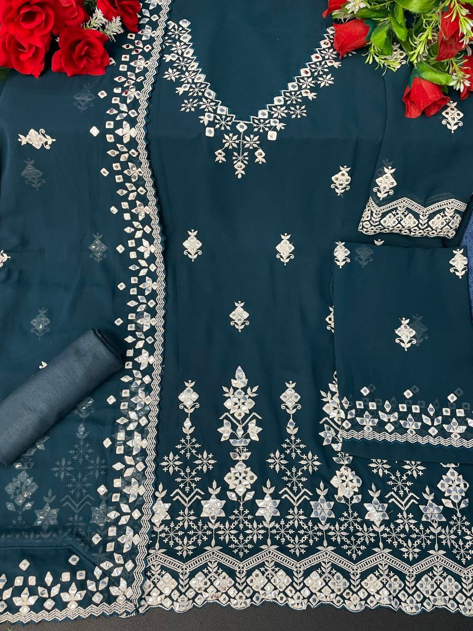 Sea Blue Color Faux Georgette With Cotton Mirror Work Sharara Salwar suit - Joshindia