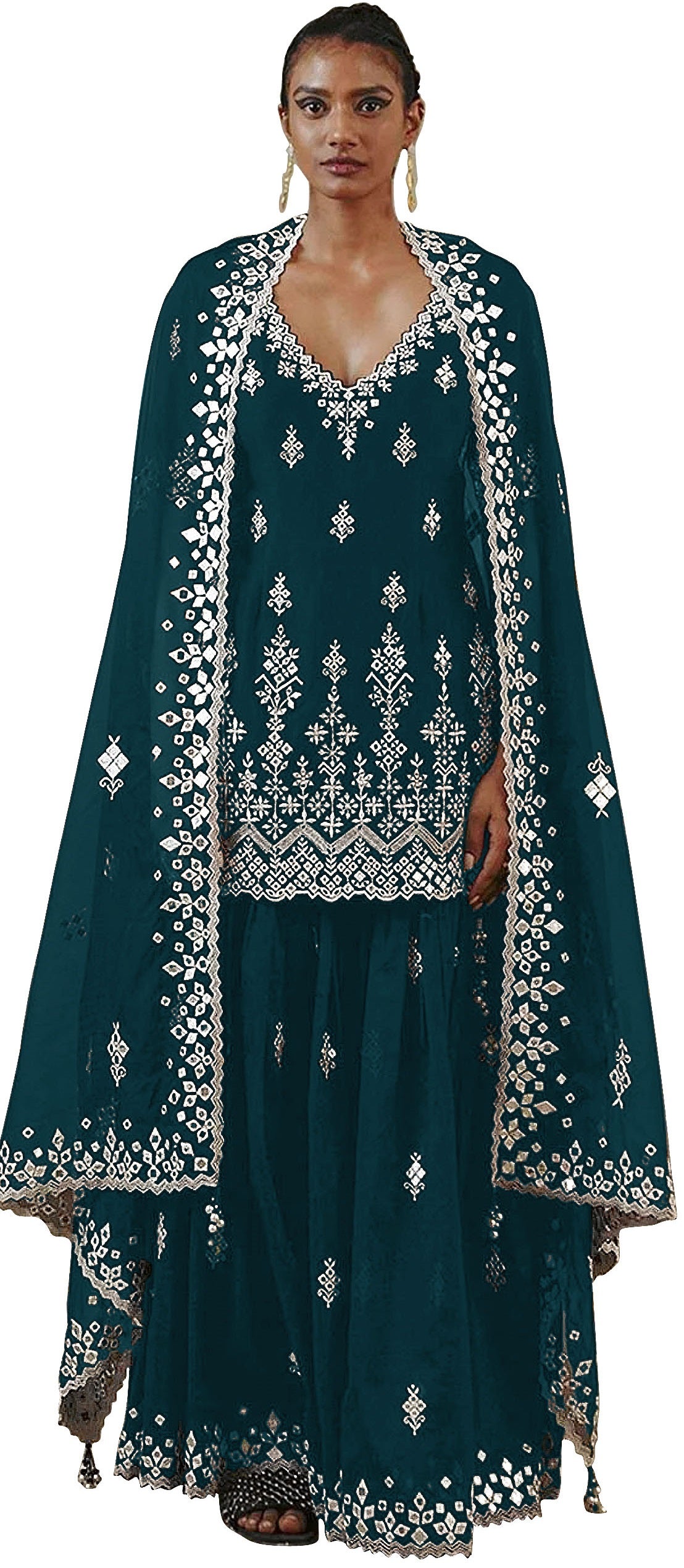 Sea Blue Color Faux Georgette With Cotton Mirror Work Sharara Salwar suit - Joshindia