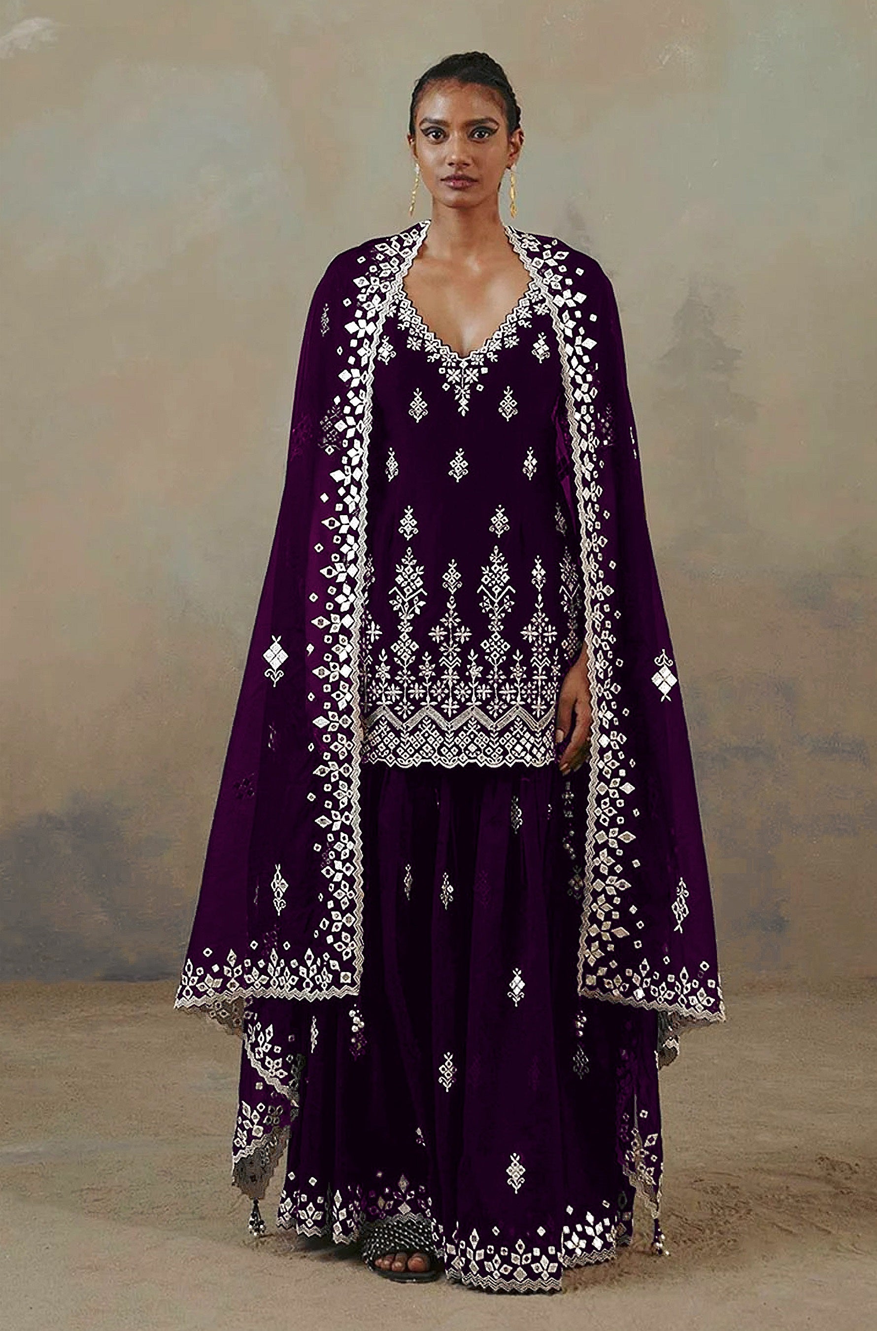 Purple Color Faux Georgette With Cotton Mirror Work Sharara Salwar suit - Joshindia