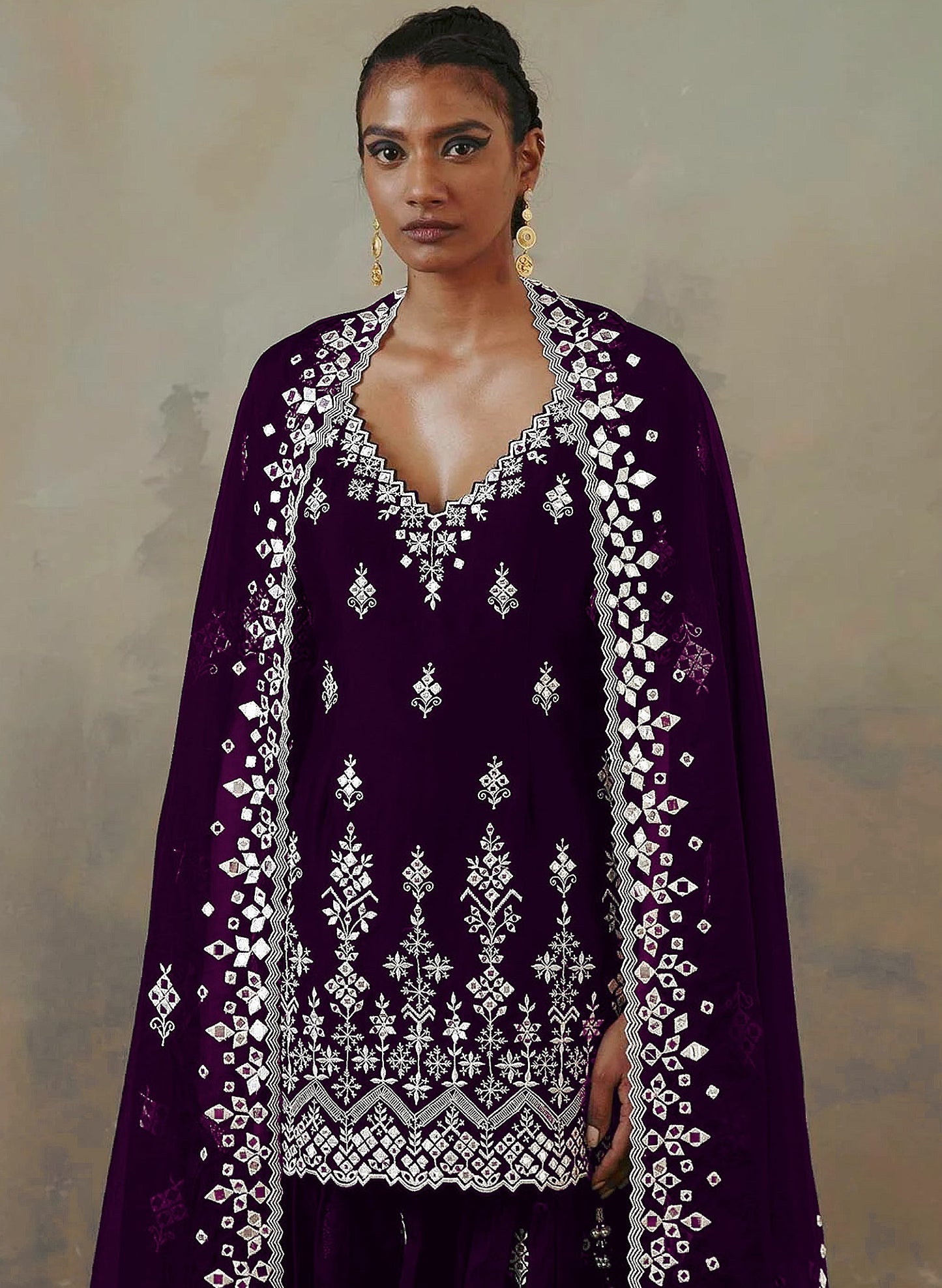 Purple Color Faux Georgette With Cotton Mirror Work Sharara Salwar suit - Joshindia