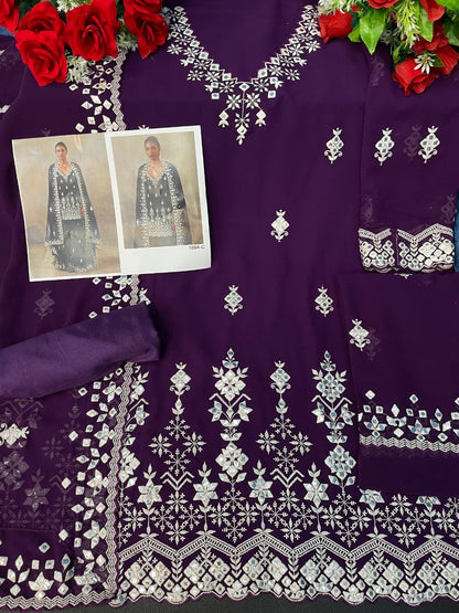 Purple Color Faux Georgette With Cotton Mirror Work Sharara Salwar suit - Joshindia