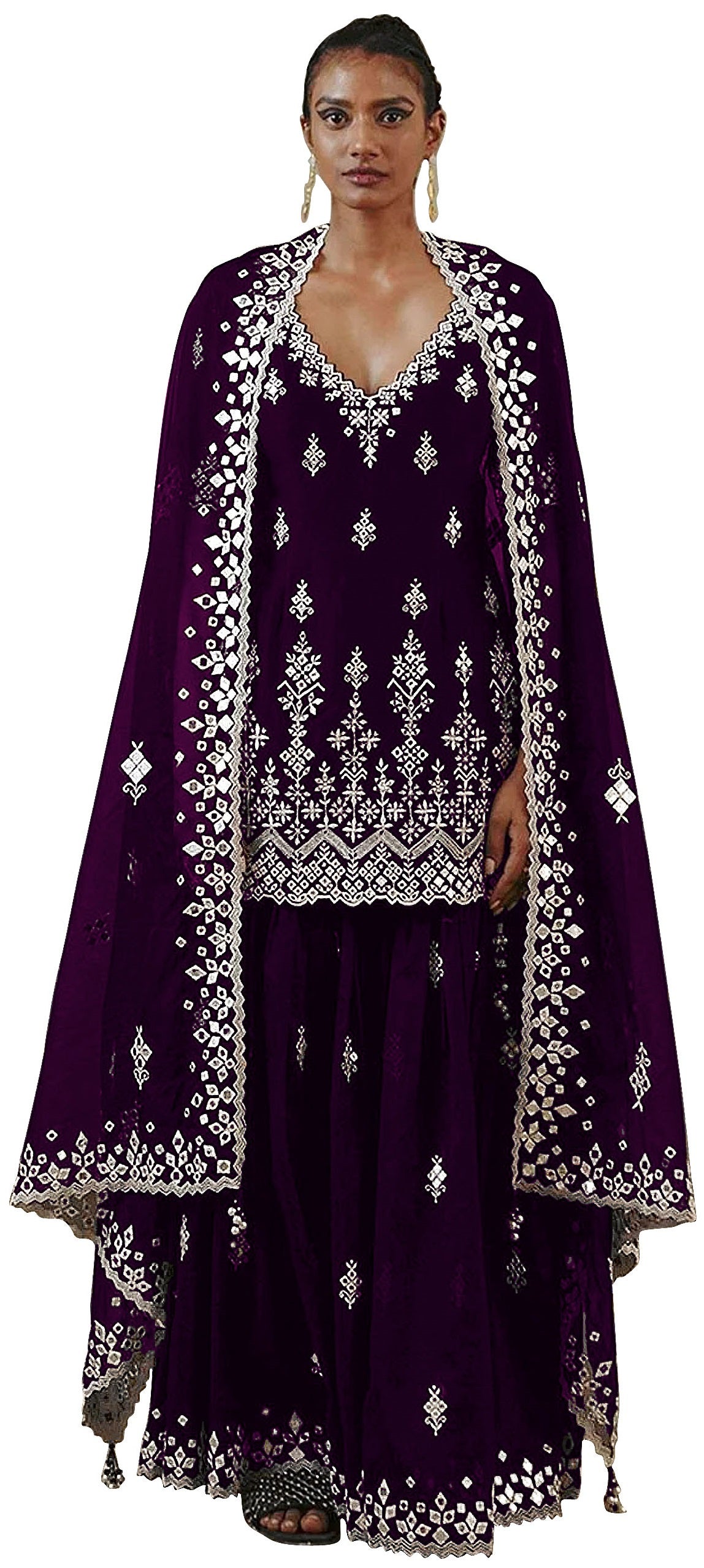 Purple Color Faux Georgette With Cotton Mirror Work Sharara Salwar suit - Joshindia