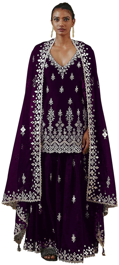 Purple Color Faux Georgette With Cotton Mirror Work Sharara Salwar suit - Joshindia