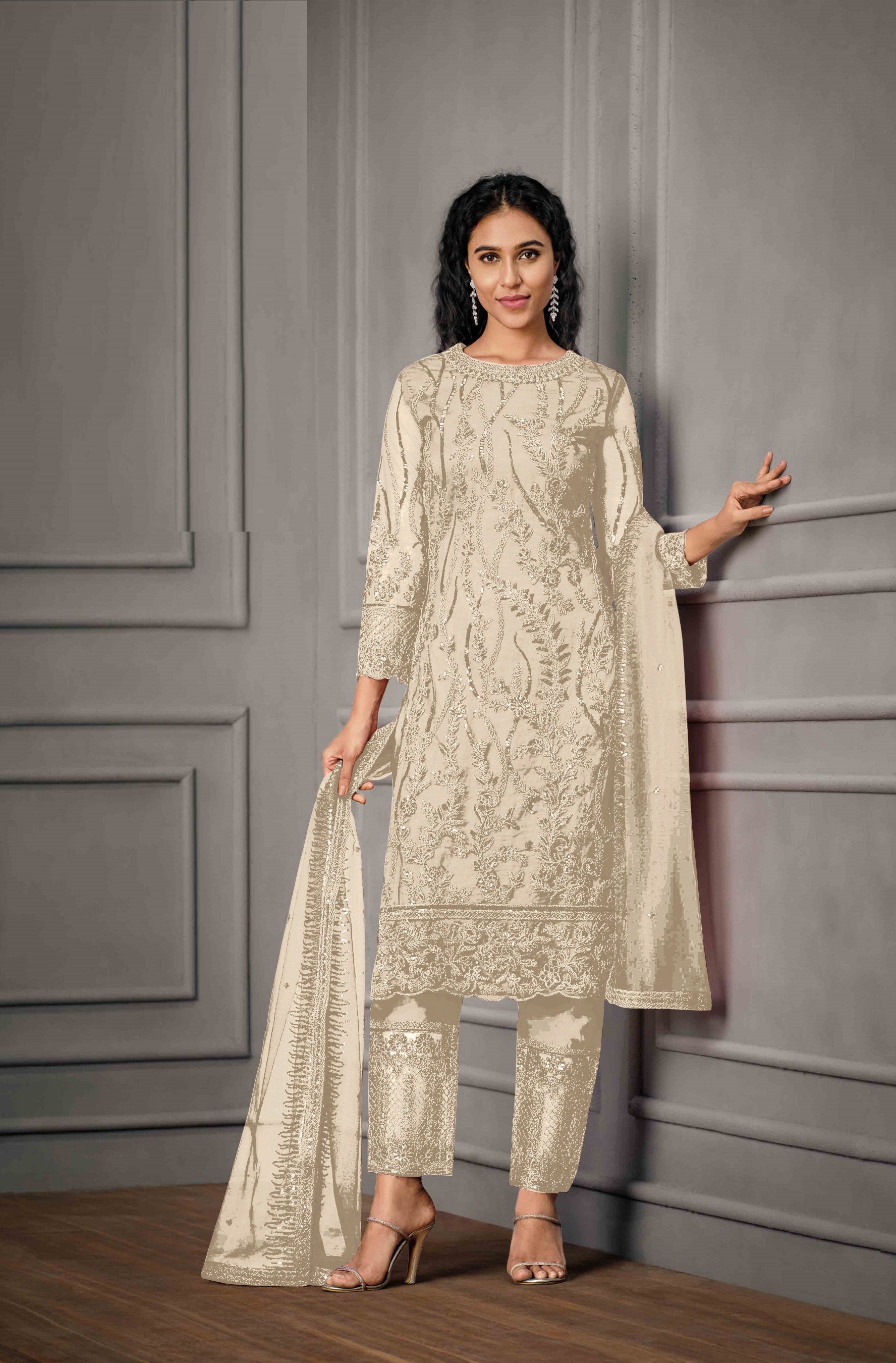 Art Silk Palazzo Salwar Kameez Suit With AllOver Zari Floral Embroidery  And Chiffon Dupatta  Exotic India Art