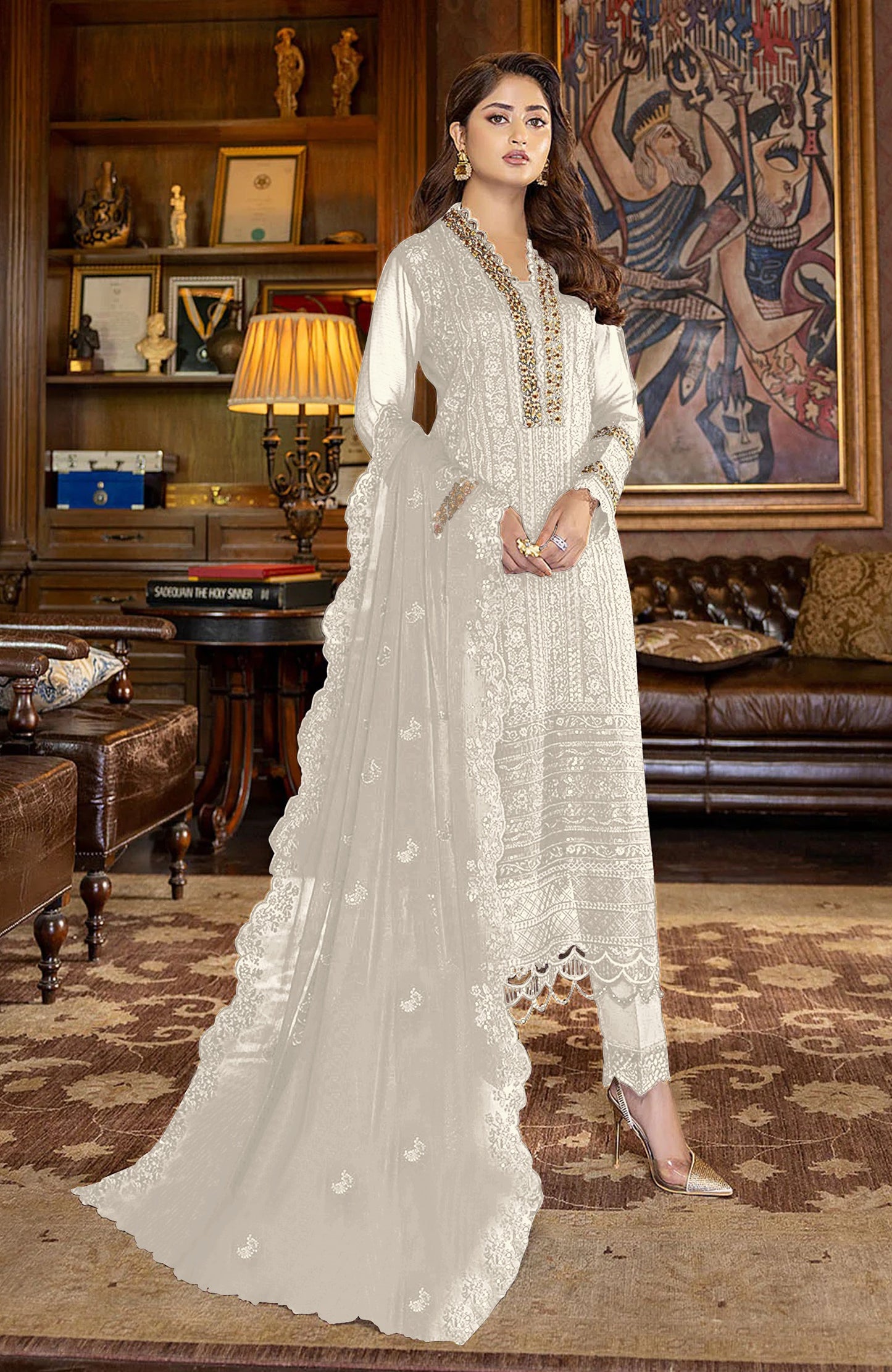 White Color Faux Georgette With Sequence Work Straight Salwar Suit - Joshindia