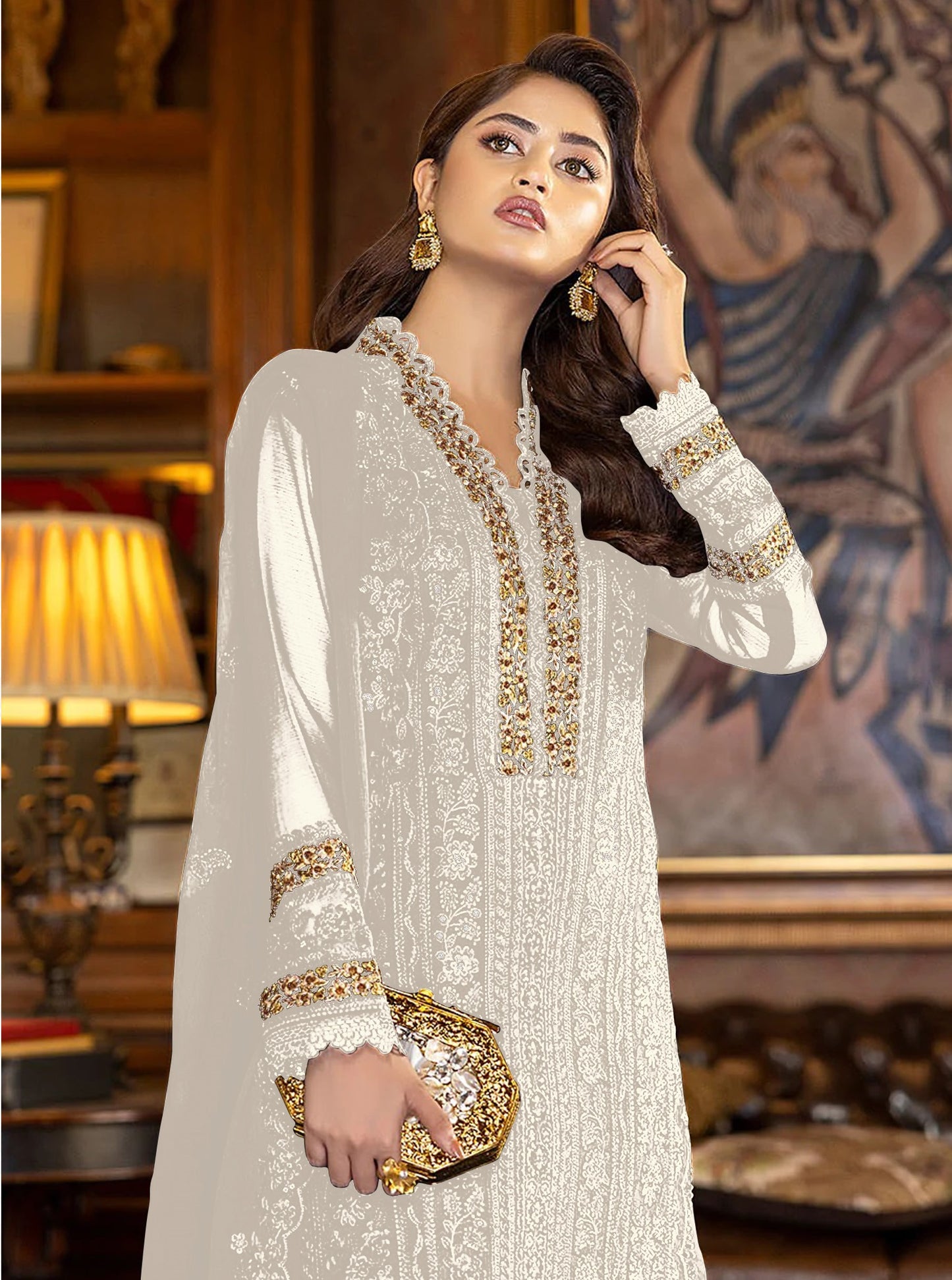 White Color Faux Georgette With Sequence Work Straight Salwar Suit - Joshindia